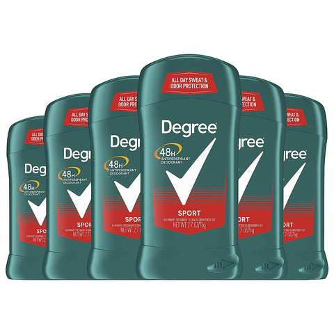 Pack of 6 Degree Men Original Protection Sport Antiperspirant Deodorant, 2.7 oz each, providing 48-hour defense against sweat and unwanted odors, tailored for men's active lifestyle